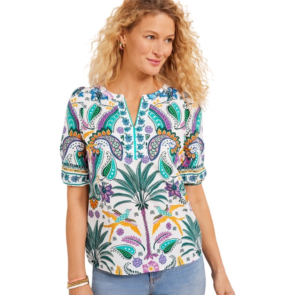 Talbots White Multicolor Palm & Paisley Printed Split-Neck Blouse